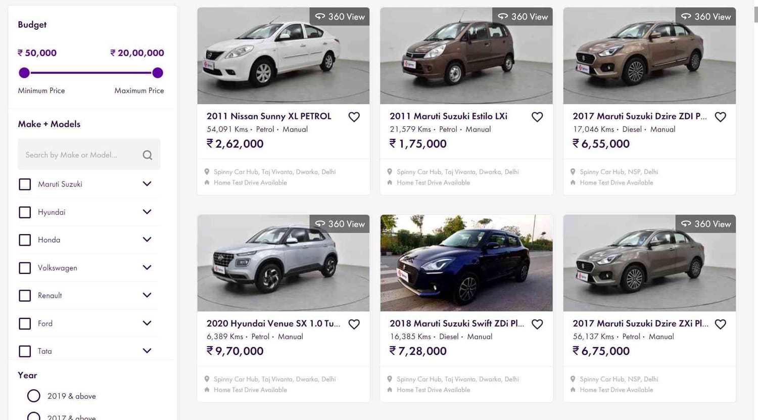 Spinny Assured used cars website display
