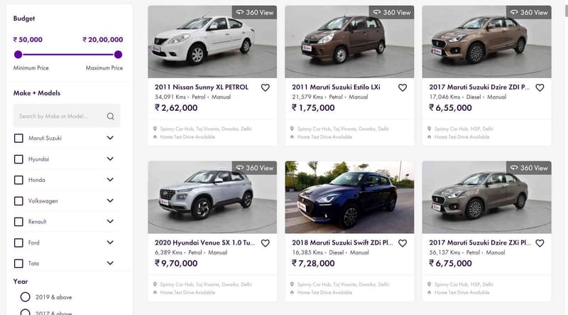 Spinny Assured used cars website display