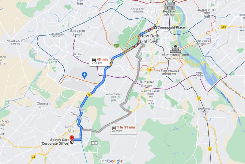 Google Maps route from Spinny HQ to Connaught Place